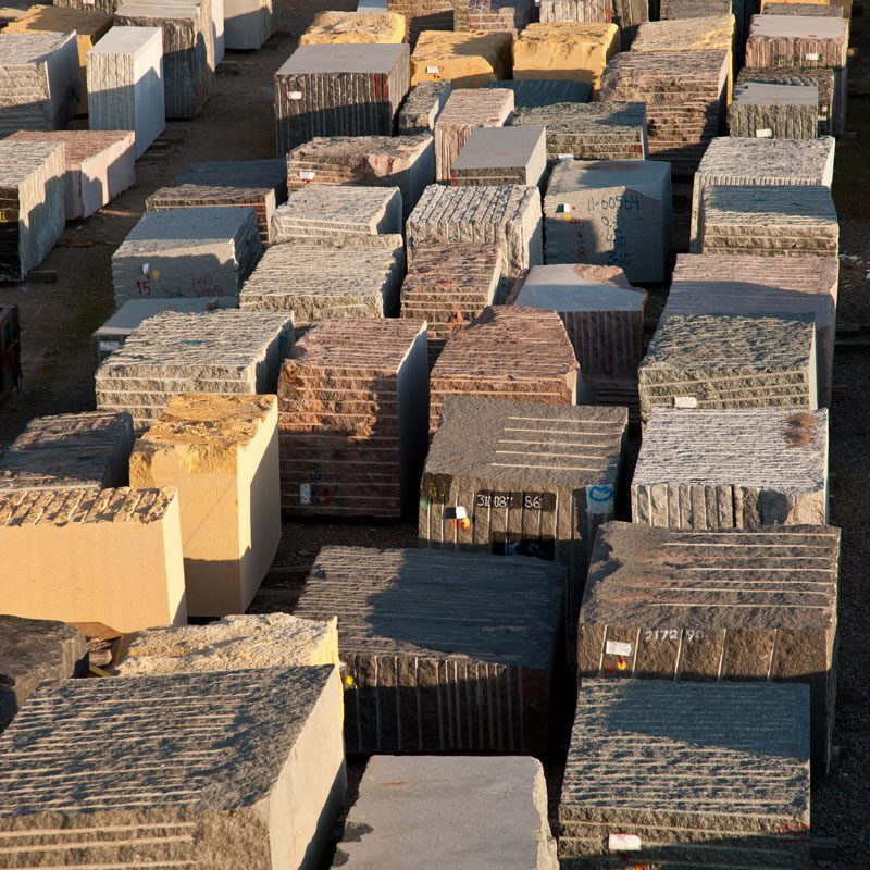Large display of granite blocks cut from the quarry