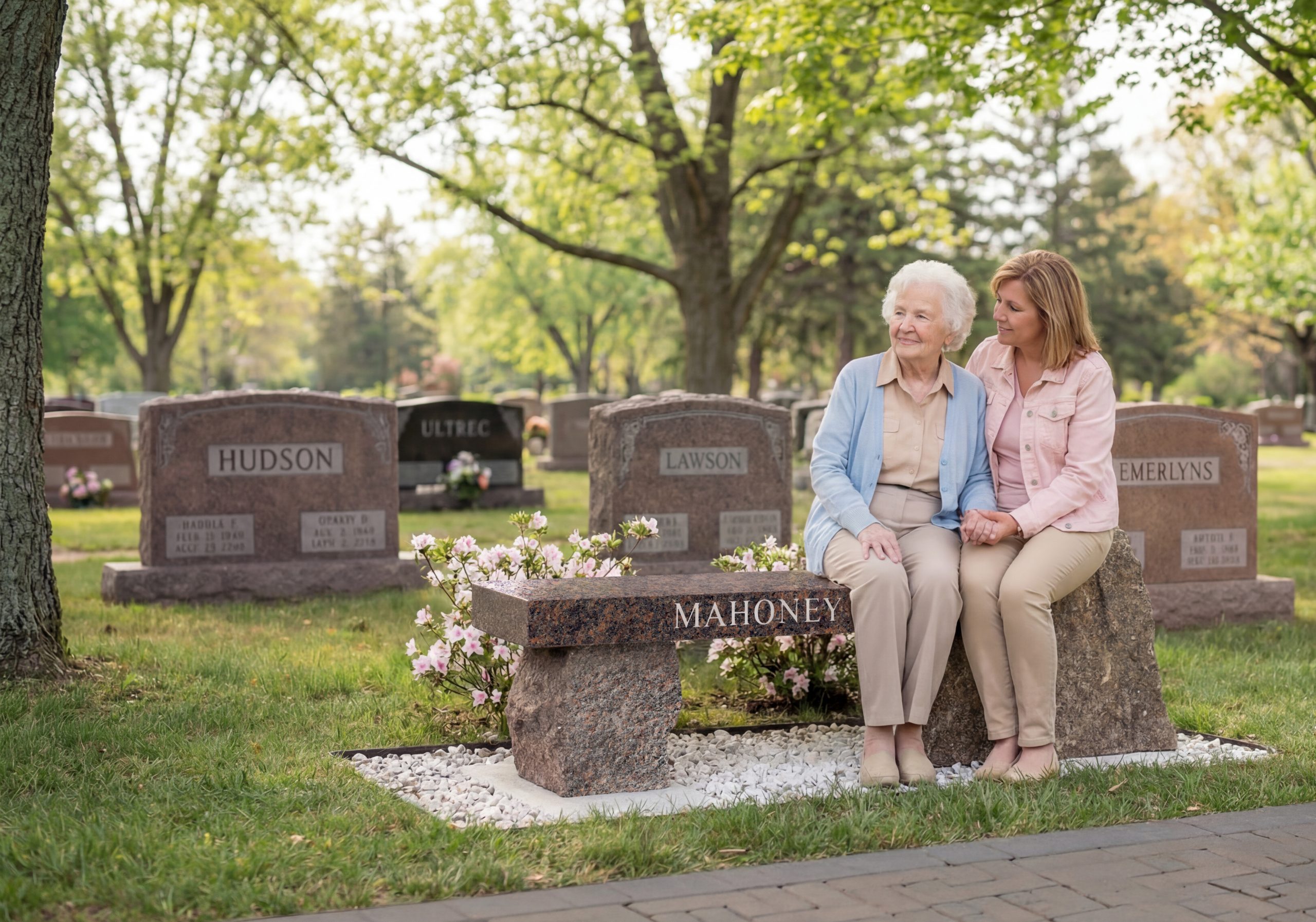 Family members sitting on an Engraved Granite Memorial Bench - Coldspring