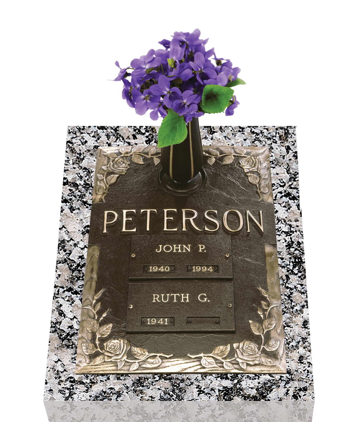 granite cremation marker with bronze plaque and flower vase